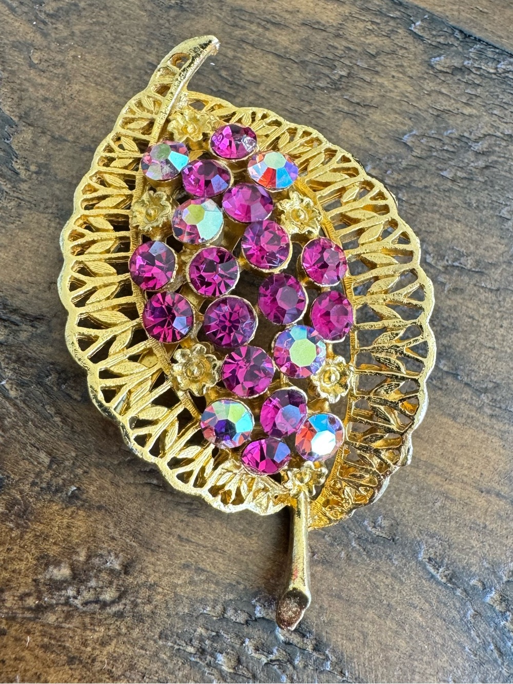 Coro Vintage Signed Pink Rhinestone Leaf Brooch Mid Century Floral 1940s-1950’s